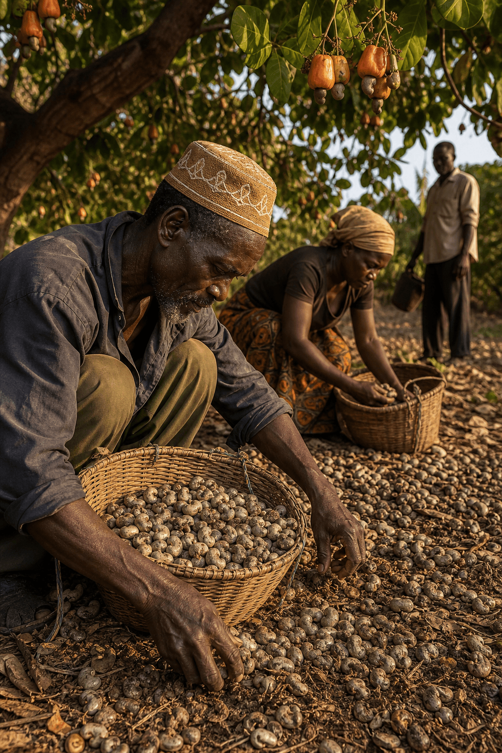 Farmers gathering raw cashew nuts beneath the trees in southern Tanzania