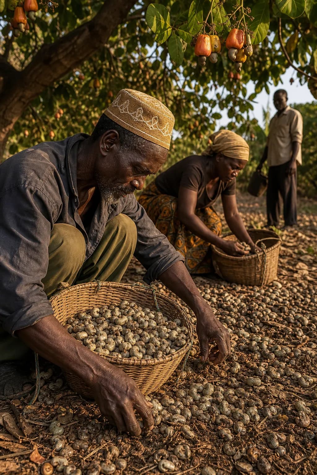 Farmers gathering raw cashew nuts beneath the trees in southern Tanzania