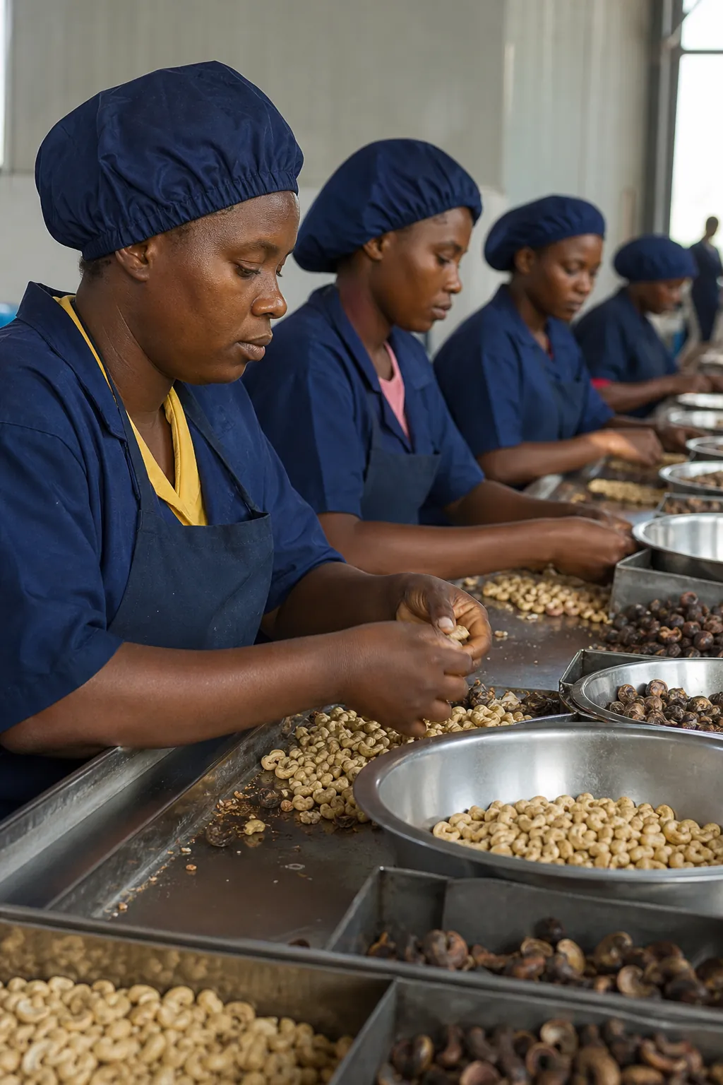 Workers at the cashew shelling and peeling line