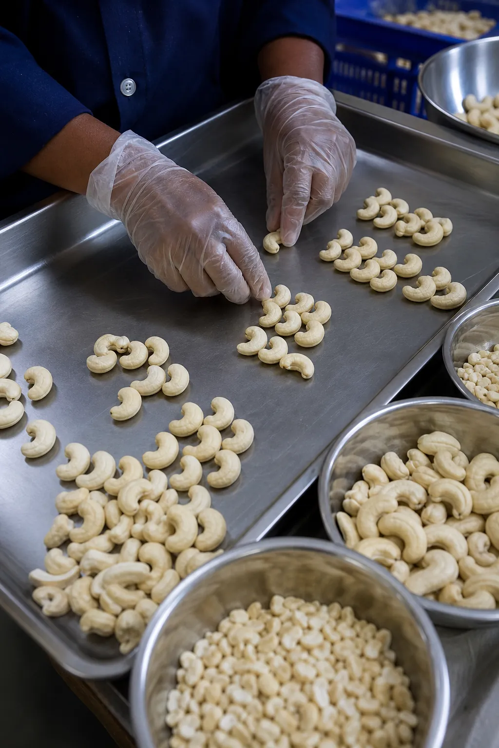 Hands sorting and grading white cashew kernels during quality inspection