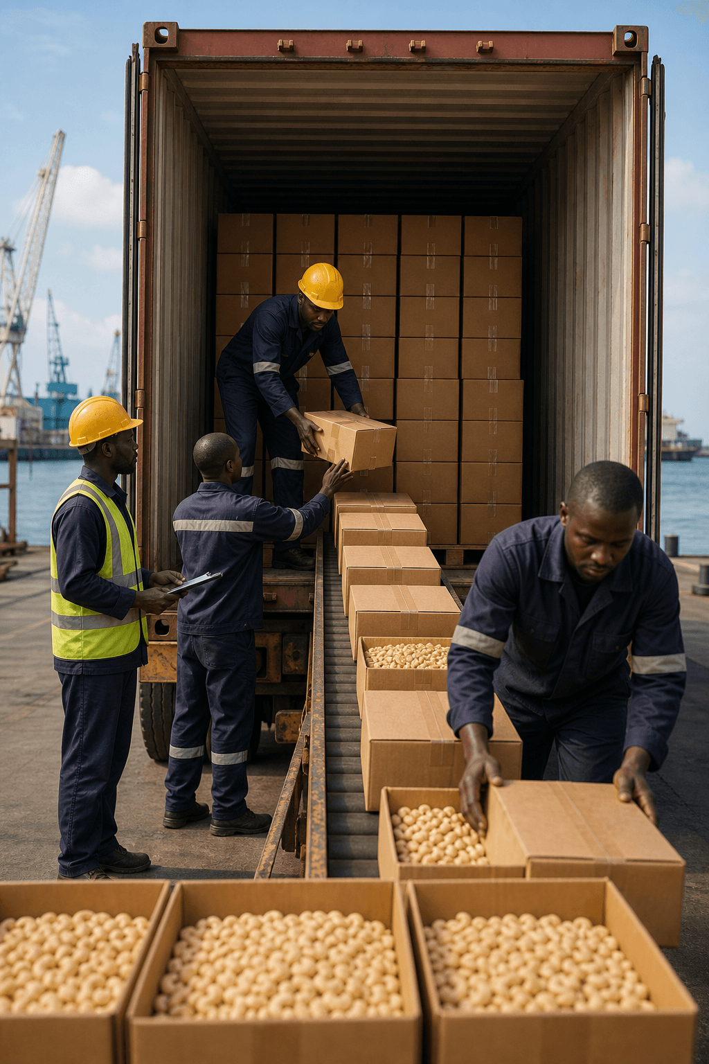 A sealed container loaded with cashews at a Tanzanian export port